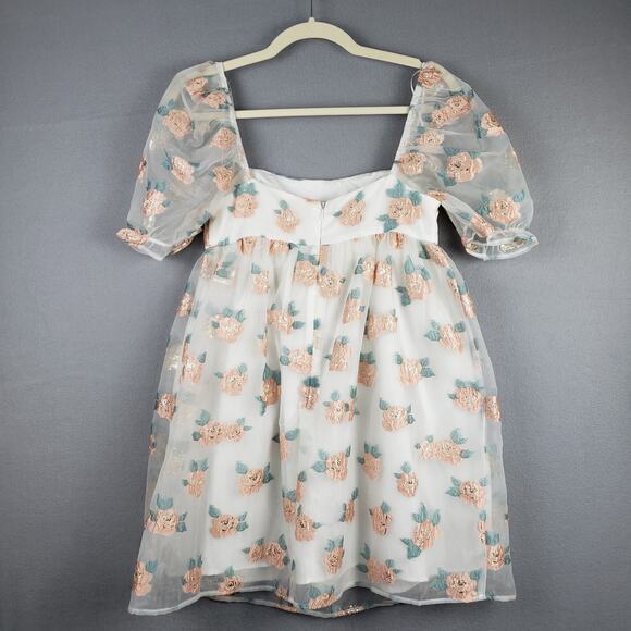 Altar'd State Size XS Floral Chiffon Puff Sleeve Mini Dress Pink Rosette Fairy - Picture 10 of 10